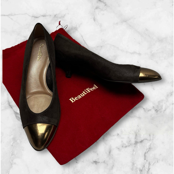 Beautifeel Brown Leather Patent Cap Toe Slip On Comfort Pump Low Cone Heel 39 - Picture 1 of 9